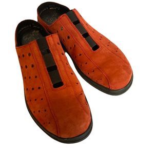 RIEKER Clogs Red Leather Slides Flats Slip On Sandals Made In Germany